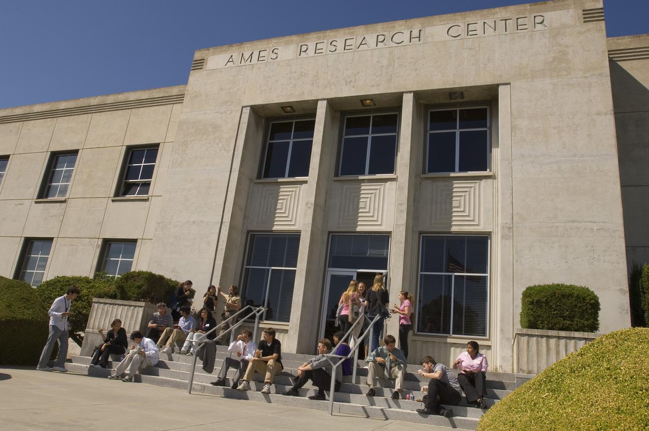 Summer Internship for 2008 closing ceremony; students on steps of the Ames Administration building N-200 enjoying the reception.