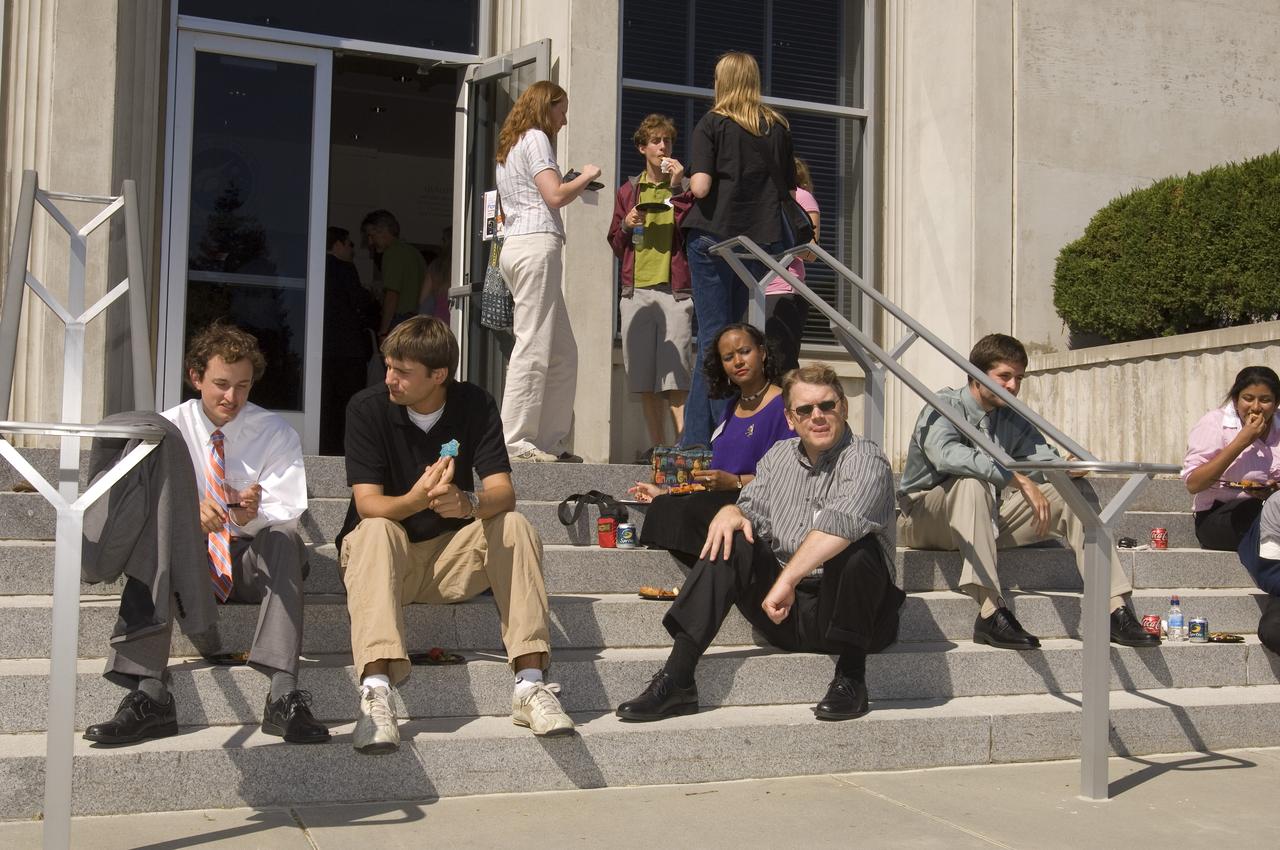 Summer Internship for 2008 closing ceremony; students on steps of the Ames Administration building N-200 enjoying the reception.