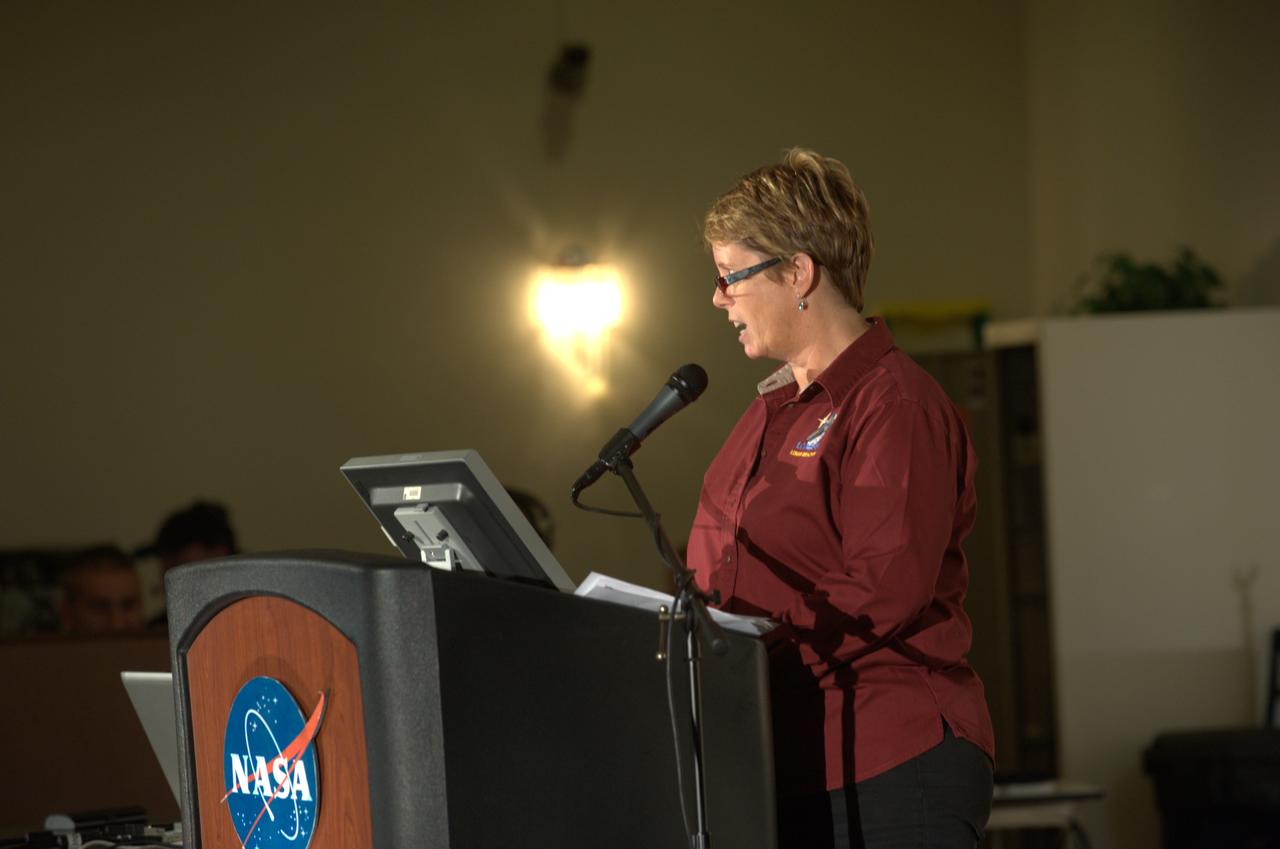 LCROSS Family night at Ames. LCROSS Program Executive, Victoria Friedensen address the crowd.