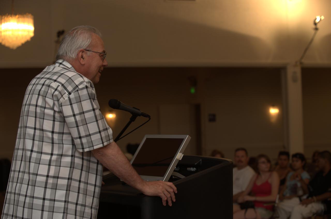 LCROSS Family night at Ames. Dr. David Morrison Interim Director of the Lunar Science Institute at Ames addresses the crown.
