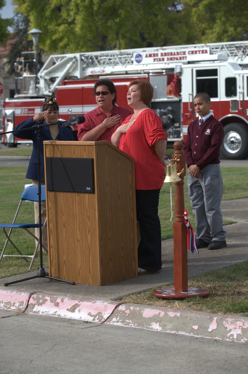 September 11th remembrance ceremony held in front of NASA Research Park Bldg-17 (Lunar Science Institute) hosted by the American Legion, Post 881, Moffett Field. National Anthem by Stephanie Togami and Barbara Henry