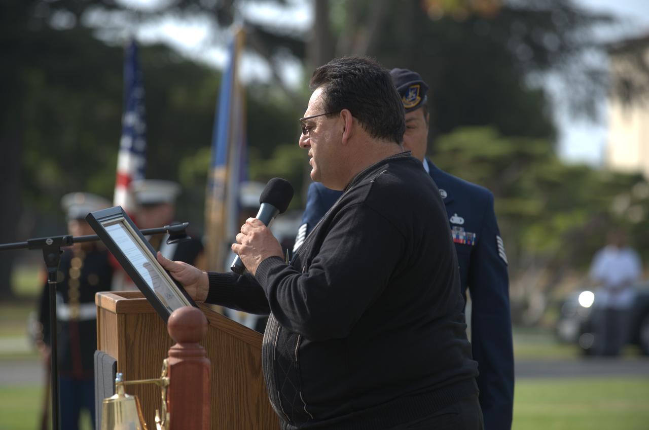 September 11th remembrance ceremony held in front of NASA Research Park Bldg-17 (Lunar Science Institute) hosted by the American Legion, Post 881, Moffett Field.  Mt View Mayor Tom Means presents Patriot Day Proclamation