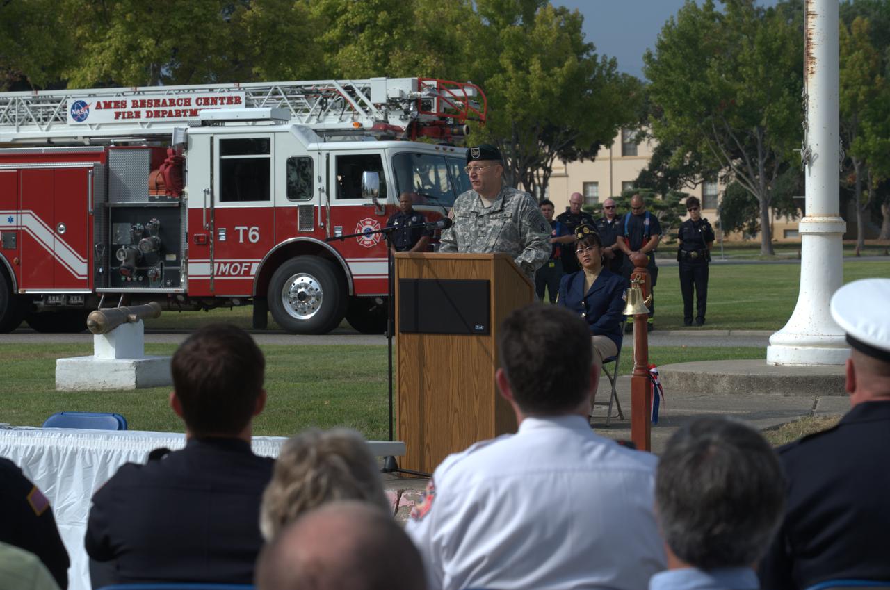 September 11th remembrance ceremony held in front of NASA Research Park Bldg-17 (Lunar Science Institute) hosted by the American Legion, Post 881, Moffett Field. Remarks by Military - Colonel Smith 7th Psychological Operatons Group, Moffett Field