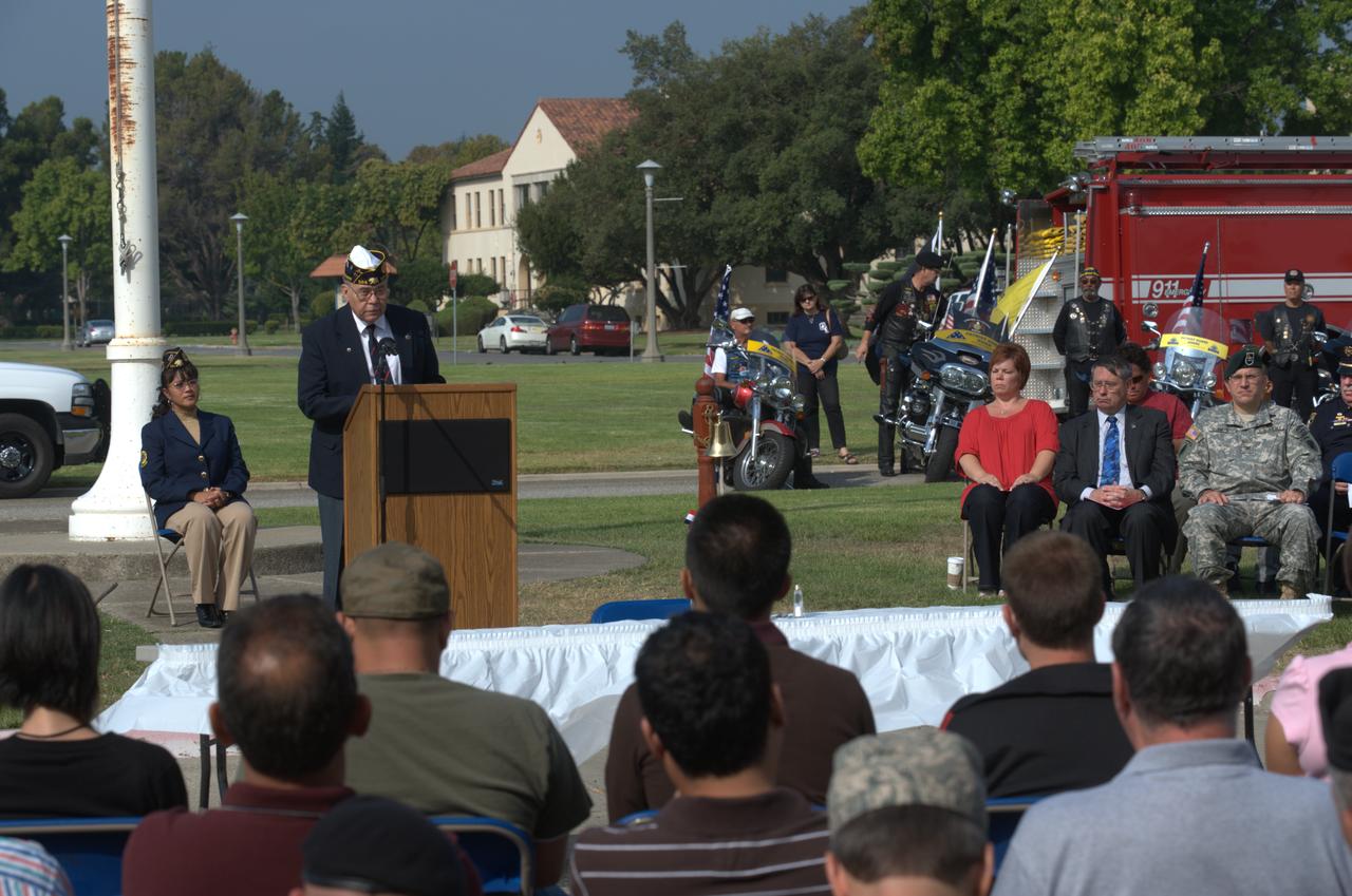 September 11th remembrance ceremony held in front of NASA Research Park Bldg-17 (Lunar Science Institute) hosted by the American Legion, Post 881, Moffett Field. Remarks by American Legion Commander - dist 13 (Santa Clara County) Commander Carlos Ramos