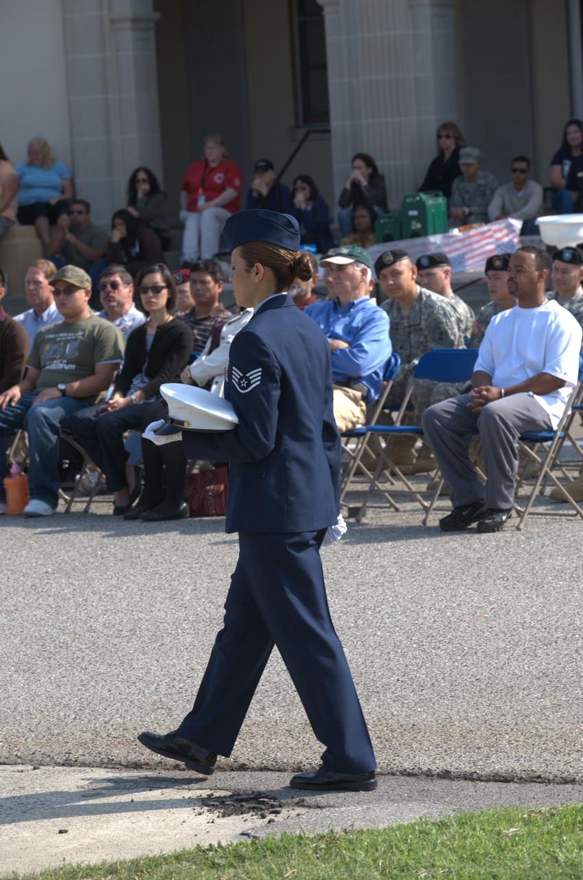 September 11th remembrance ceremony held in front of NASA Research Park Bldg-17 (Lunar Science Institute) hosted by the American Legion, Post 881, Moffett Field. Step off to Amazing Grace - POW/MIA Detail; TSgt Robert Soua, Detail Commander, 129th Security Forces, TSgt Rachel Velasco, SSgt Susan Avalos, SSgt Alex Cohen, SSgt Elias Gonzalez