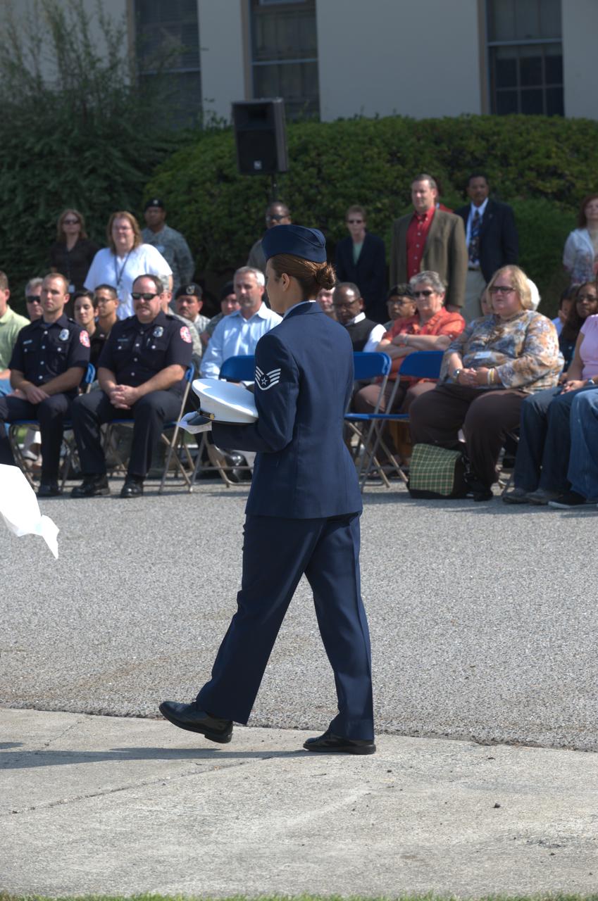 September 11th remembrance ceremony held in front of NASA Research Park Bldg-17 (Lunar Science Institute) hosted by the American Legion, Post 881, Moffett Field. Step off to Amazing Grace - POW/MIA Detail; TSgt Robert Soua, Detail Commander, 129th Security Forces, TSgt Rachel Velasco, SSgt Susan Avalos, SSgt Alex Cohen, SSgt Elias Gonzalez