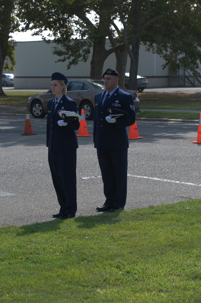 September 11th remembrance ceremony held in front of NASA Research Park Bldg-17 (Lunar Science Institute) hosted by the American Legion, Post 881, Moffett Field. Step off to Amazing Grace - POW/MIA Detail; TSgt Robert Soua, Detail Commander, 129th Security Forces, TSgt Rachel Velasco, SSgt Susan Avalos, SSgt Alex Cohen, SSgt Elias Gonzalez