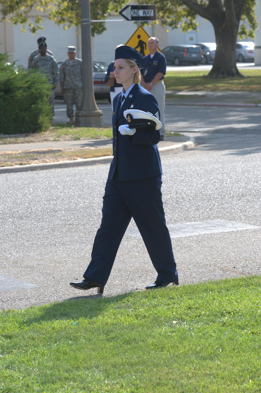 September 11th remembrance ceremony held in front of NASA Research Park Bldg-17 (Lunar Science Institute) hosted by the American Legion, Post 881, Moffett Field. Step off to Amazing Grace - POW/MIA Detail; TSgt Robert Soua, Detail Commander, 129th Security Forces, TSgt Rachel Velasco, SSgt Susan Avalos, SSgt Alex Cohen, SSgt Elias Gonzalez