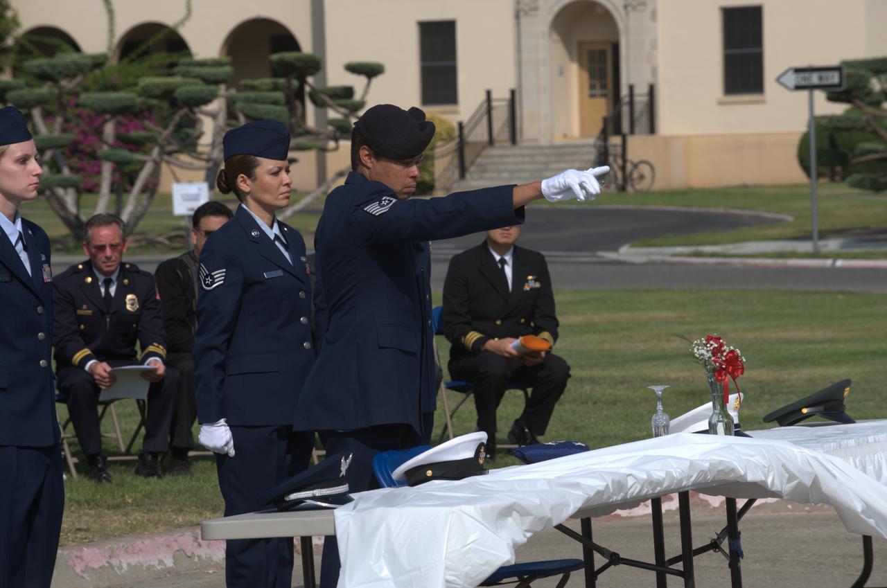 September 11th remembrance ceremony held in front of NASA Research Park Bldg-17 (Lunar Science Institute) hosted by the American Legion, Post 881, Moffett Field. Step off to Amazing Grace - POW/MIA Detail; TSgt Robert Soua, Detail Commander, 129th Security Forces, TSgt Rachel Velasco, SSgt Susan Avalos, SSgt Alex Cohen, SSgt Elias Gonzalez