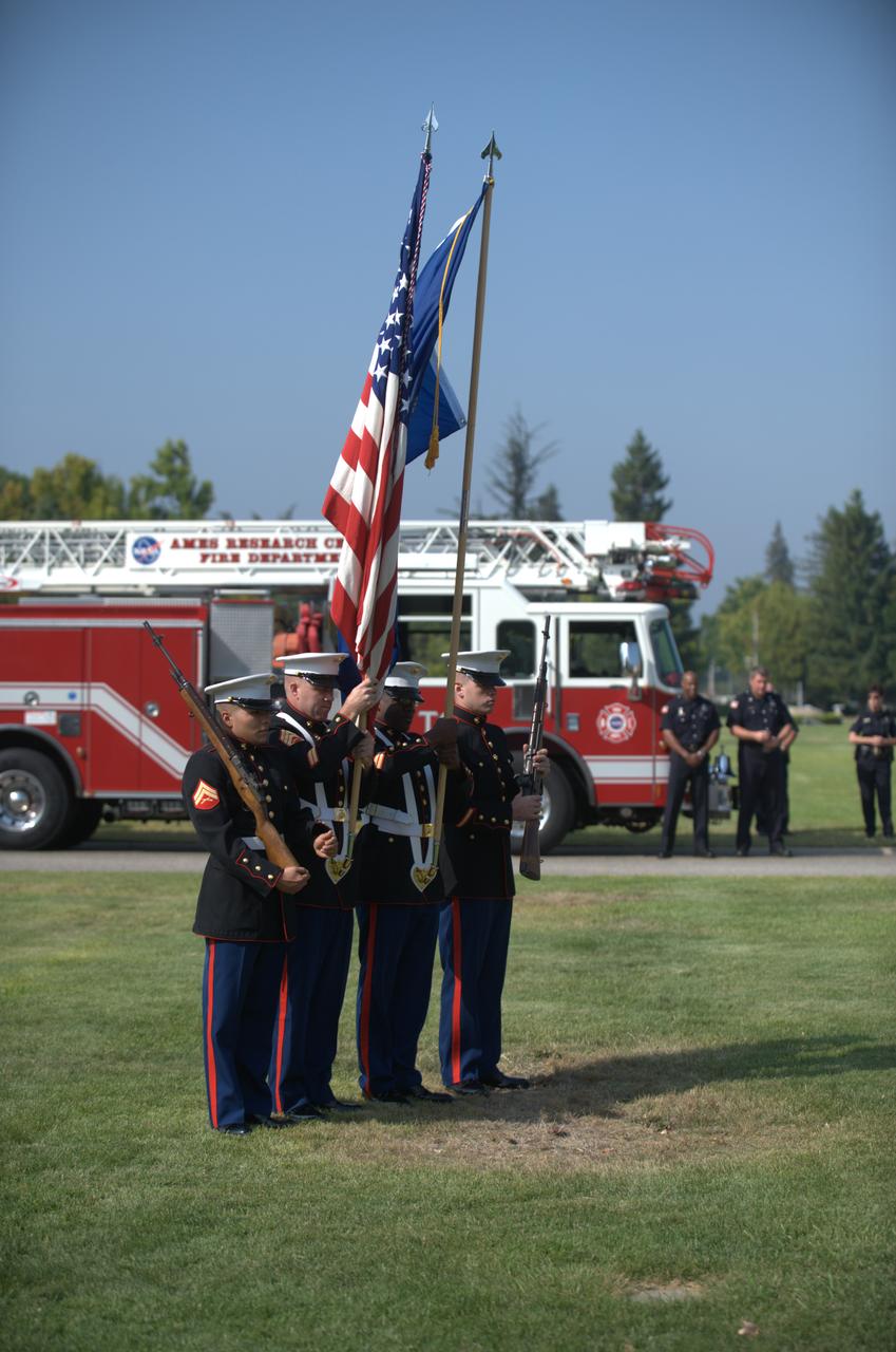 September 11th remembrance ceremony held in front of NASA Research Park Bldg-17 (Lunar Science Institute) hosted by the American Legion, Post 881, Moffett Field.  Retire Colors - Marine Recruting District San Francisco