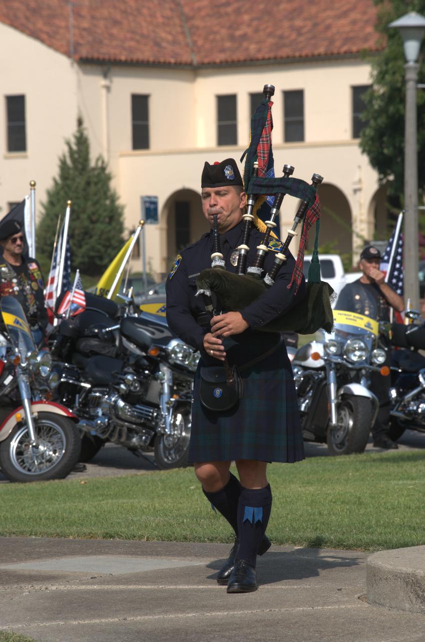 September 11th remembrance ceremony held in front of NASA Research Park Bldg-17 (Lunar Science Institute) hosted by the American Legion, Post 881, Moffett Field. Bagpipe Amazing Grace, Richard Charette, Scottish American Military Society