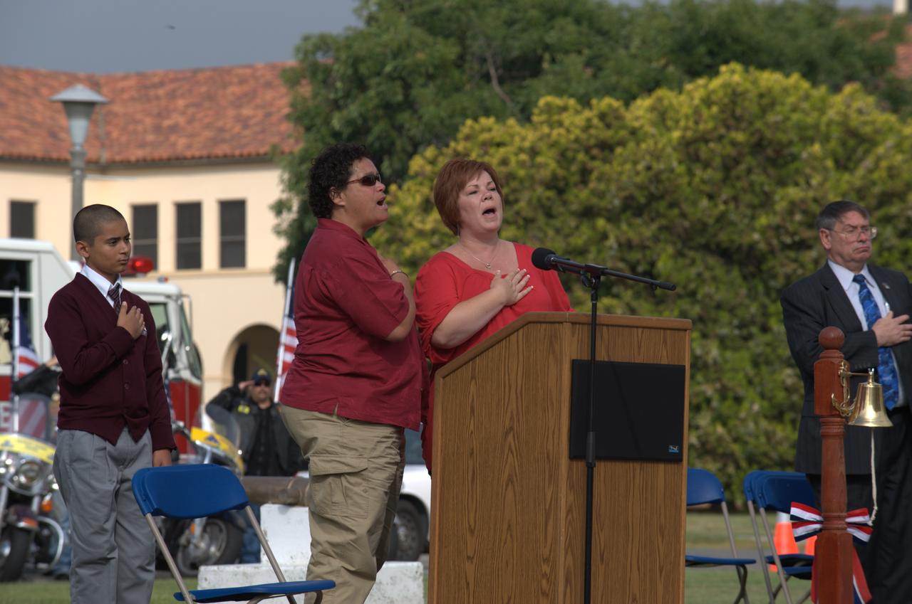 September 11th remembrance ceremony held in front of NASA Research Park Bldg-17 (Lunar Science Institute) hosted by the American Legion, Post 881, Moffett Field. National Anthem by Stephanie Togami and Barbara Henry