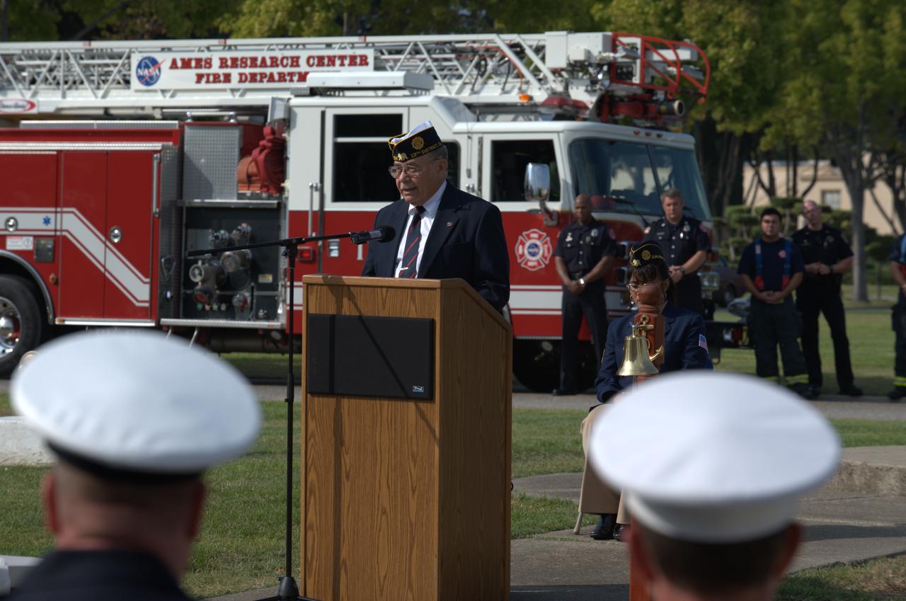 September 11th remembrance ceremony held in front of NASA Research Park Bldg-17 (Lunar Science Institute) hosted by the American Legion, Post 881, Moffett Field.  Remarks by American Legion Commander - dist 13 (Santa Clara County) Commander Carlos Ramos