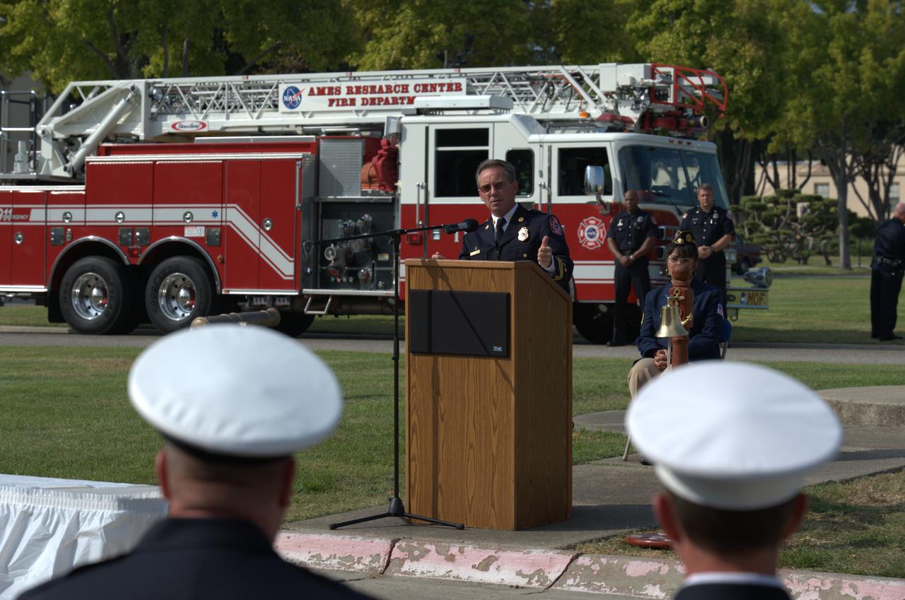 September 11th remembrance ceremony held in front of NASA Research Park Bldg-17 (Lunar Science Institute) hosted by the American Legion, Post 881, Moffett Field.  Remarks by Rep for First Responders - Gattalion Chief Gary Alstrand, NASA Fire Department