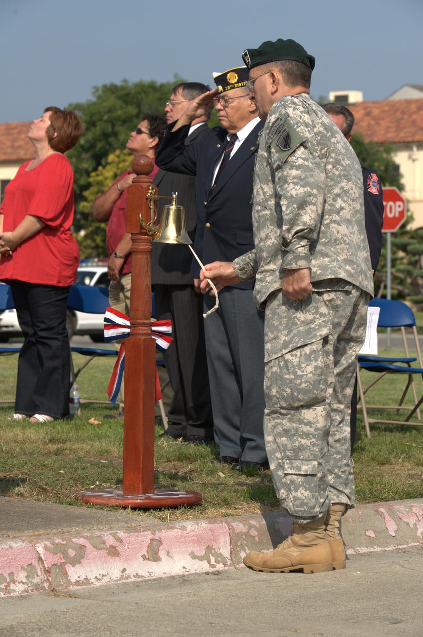 September 11th remembrance ceremony held in front of NASA Research Park Bldg-17 (Lunar Science Institute) hosted by the American Legion, Post 881, Moffett Field.  Flag detail - Lt Randy Vincent - NASA Protective Services, Ty Locatelli,  Carlos Pinedo  - NASA Fire Department