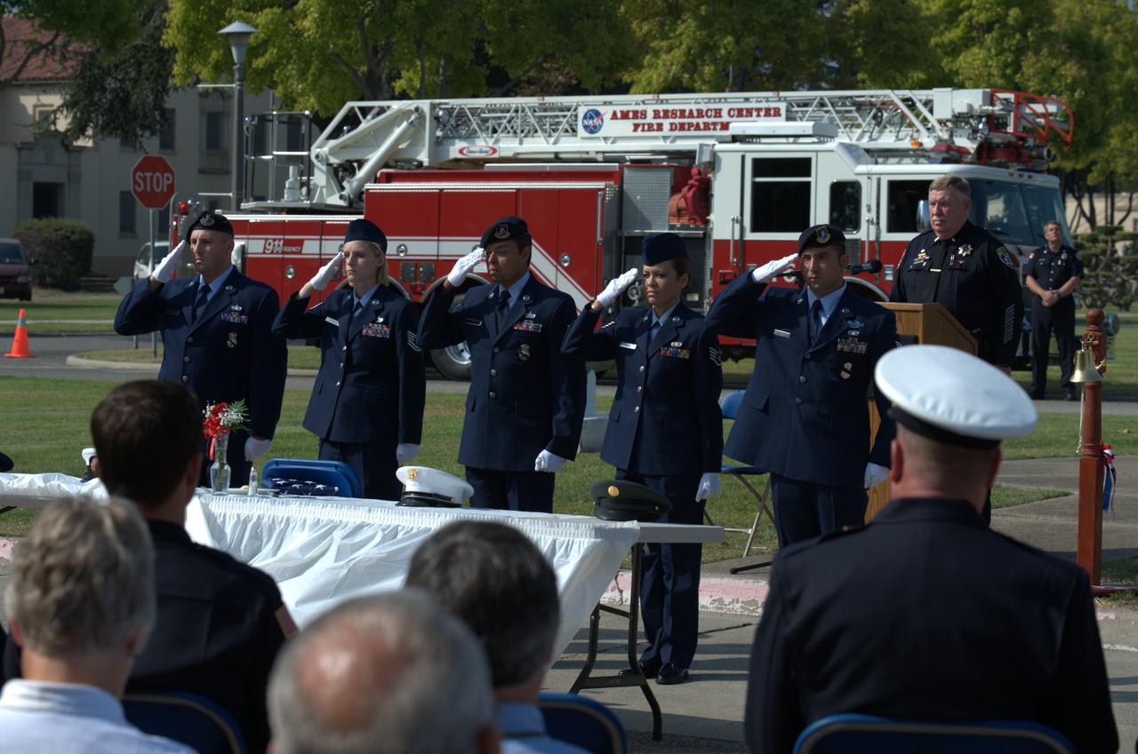 September 11th remembrance ceremony held in front of NASA Research Park Bldg-17 (Lunar Science Institute) hosted by the American Legion, Post 881, Moffett Field.  Step off to Amazing Grace - POW/MIA Detail; TSgt Robert Soua, Detail Commander, 129th Security Forces, TSgt Rachel Velasco, SSgt Susan Avalos, SSgt Alex Cohen, SSgt Elias Gonzalez