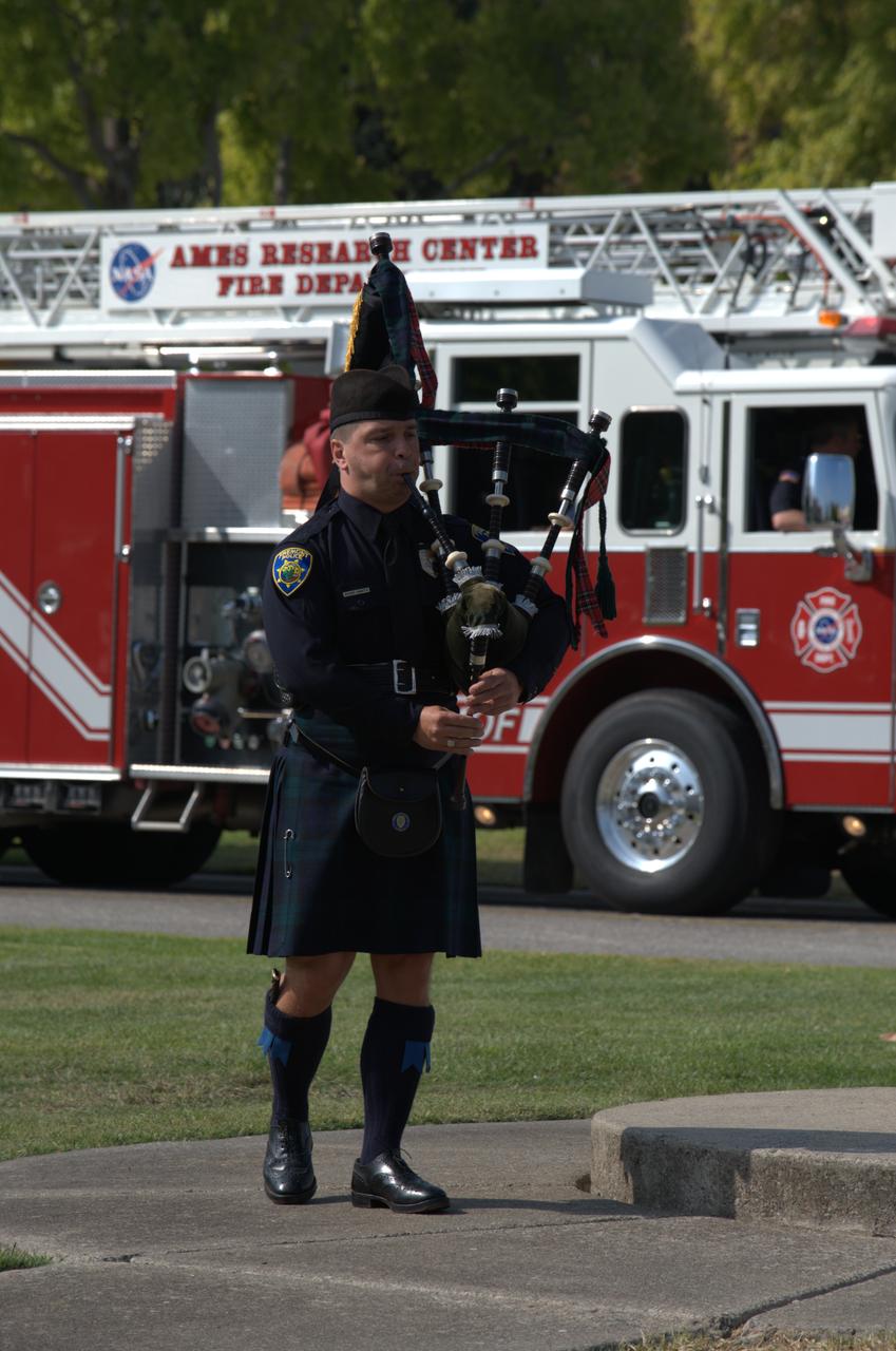 September 11th remembrance ceremony held in front of NASA Research Park Bldg-17 (Lunar Science Institute) hosted by the American Legion, Post 881, Moffett Field.  Bagpipe Amazing Grace, Richard Charette, Scottish American Military Society