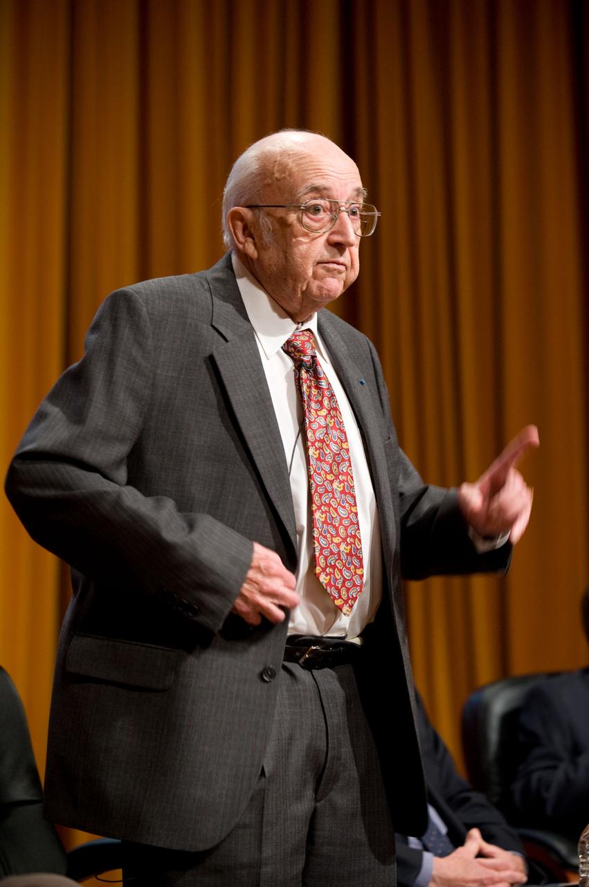 NASA's 50th Anniversay year. Panel discussion with four of NASA AMES's past center directors on how their tenure effected Ames and NASA. On the  projects they pushed for and/or pushed forward and the culture of the center and the agency and  how that worked for or against Ames, as well as major contributions of the time made by Ames Research Center.  Panel L-R; Hans Mark, Sy Syvertson, Dale Compton, Scott Hubbard and Pete Worden, present director. (Past Directors served for periods from 1969 thru 2006)