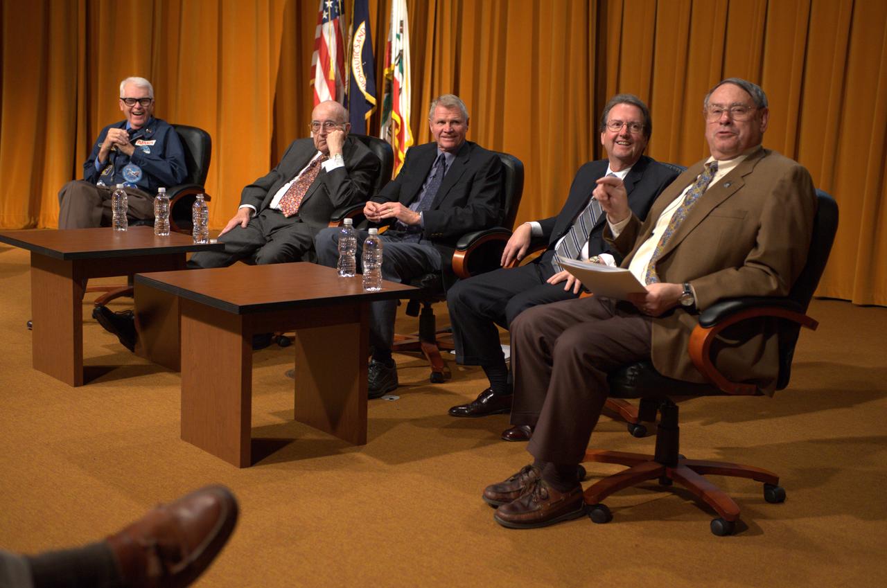 NASA's 50th Anniversay year. Panel discussion with four of NASA AMES's past center directors on how their tenure effected Ames and NASA. On the  projects they pushed for and/or pushed forward and the culture of the center and the agency and  how that worked for or against Ames, as well as major contributions of the time made by Ames Research Center.  Panel L-R; Hans Mark, Sy Syvertson, Dale Compton, Scott Hubbard and Pete Worden, present director. (Past Directors served for periods from 1969 thru 2006)