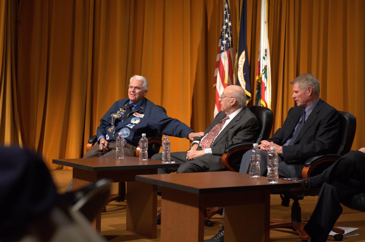 NASA's 50th Anniversay year. Panel discussion with four of NASA AMES's past center directors on how their tenure effected Ames and NASA. On the  projects they pushed for and/or pushed forward and the culture of the center and the agency and  how that worked for or against Ames, as well as major contributions of the time made by Ames Research Center.  Panel L-R; Hans Mark, Sy Syvertson, Dale Compton, Scott Hubbard and Pete Worden, present director. (Past Directors served for periods from 1969 thru 2006)