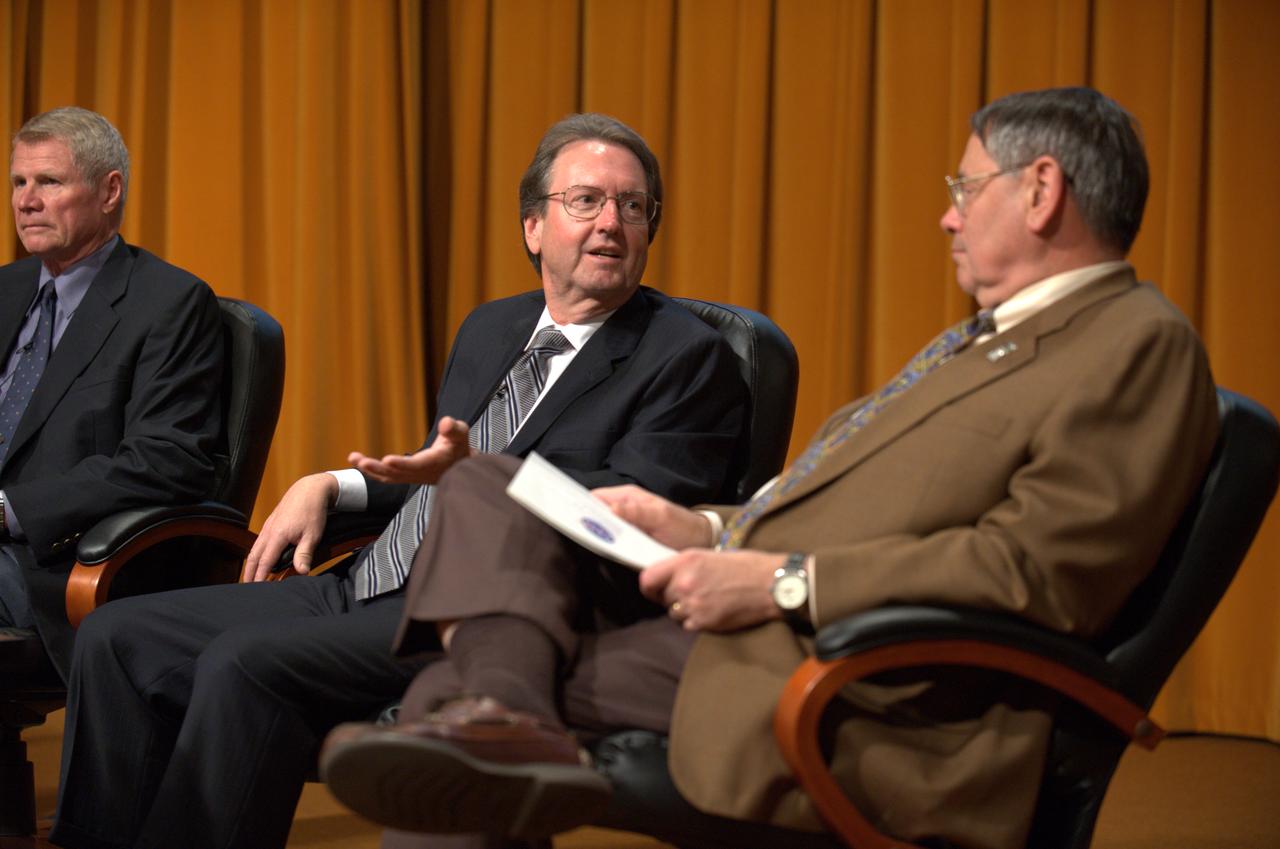 NASA's 50th Anniversay year. Panel discussion with four of NASA AMES's past center directors on how their tenure effected Ames and NASA. On the  projects they pushed for and/or pushed forward and the culture of the center and the agency and  how that worked for or against Ames, as well as major contributions of the time made by Ames Research Center.  Panel L-R; Hans Mark, Sy Syvertson, Dale Compton, Scott Hubbard and Pete Worden, present director. (Past Directors served for periods from 1969 thru 2006)