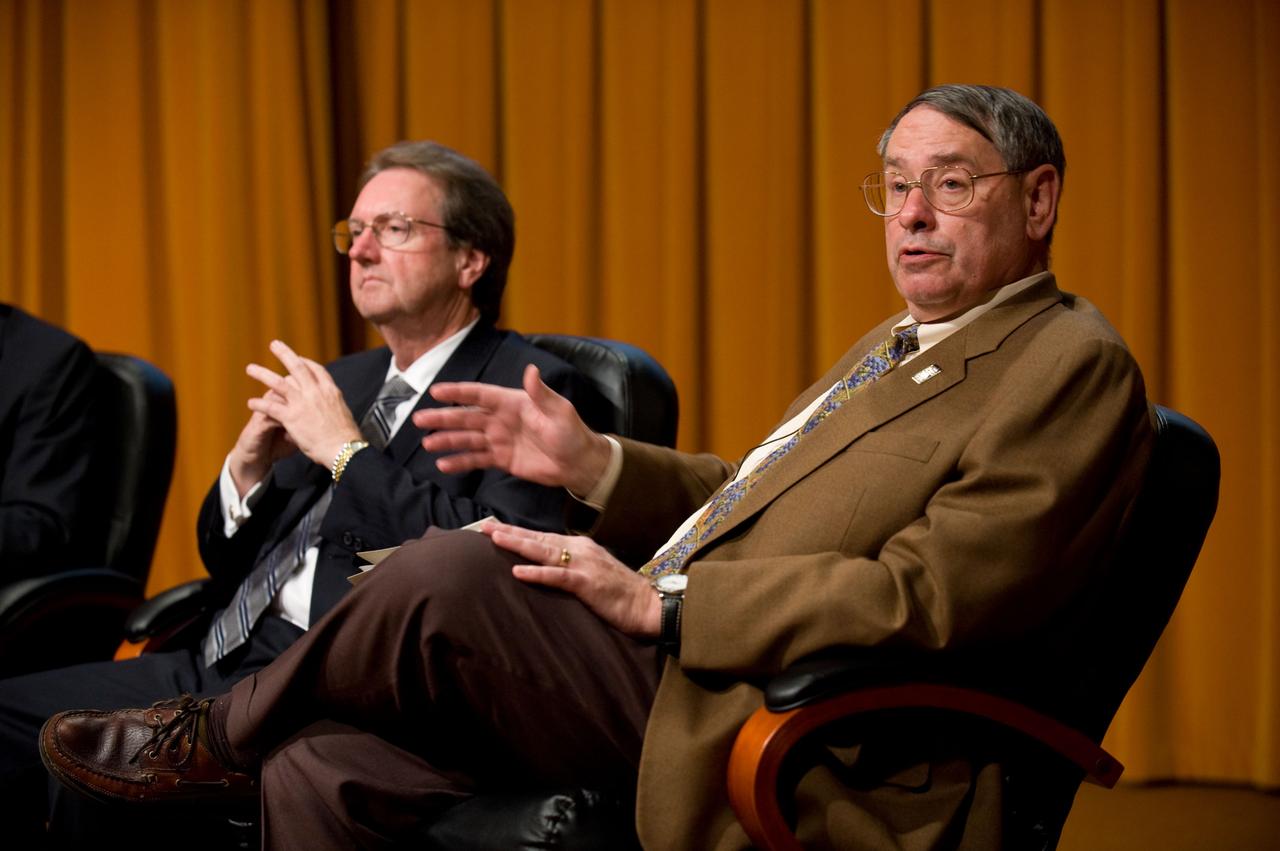 NASA's 50th Anniversay year. Panel discussion with four of NASA AMES's past center directors on how their tenure effected Ames and NASA. On the  projects they pushed for and/or pushed forward and the culture of the center and the agency and  how that worked for or against Ames, as well as major contributions of the time made by Ames Research Center.  Panel L-R; Hans Mark, Sy Syvertson, Dale Compton, Scott Hubbard and Pete Worden, present director. (Past Directors served for periods from 1969 thru 2006) Scott Hubbard and Pete Worden