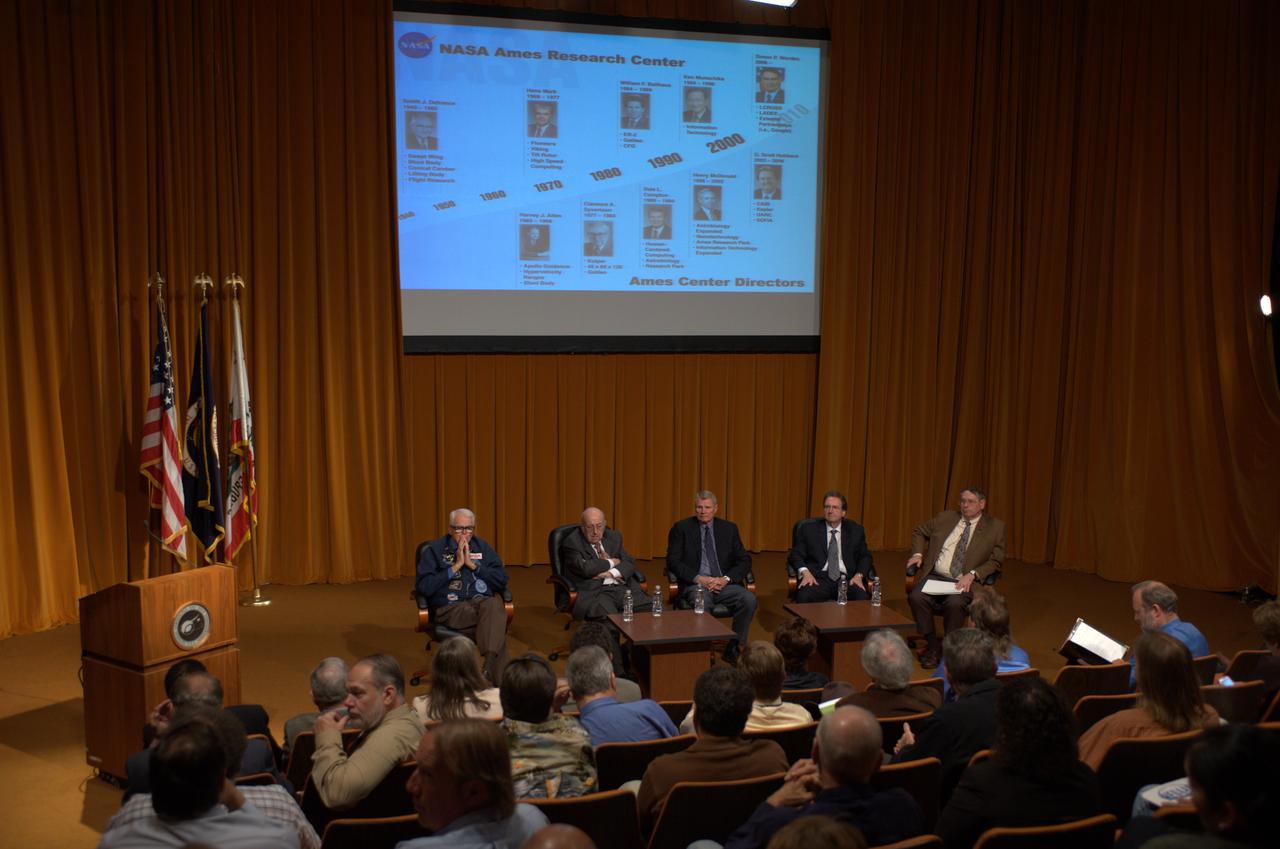 NASA's 50th Anniversay year. Panel discussion with four of NASA AMES's past center directors on how their tenure effected Ames and NASA. On the  projects they pushed for and/or pushed forward and the culture of the center and the agency and  how that worked for or against Ames, as well as major contributions of the time made by Ames Research Center.  Panel L-R; Hans Mark, Sy Syvertson, Dale Compton, Scott Hubbard and Pete Worden, present director. (Past Directors served for periods from 1969 thru 2006)