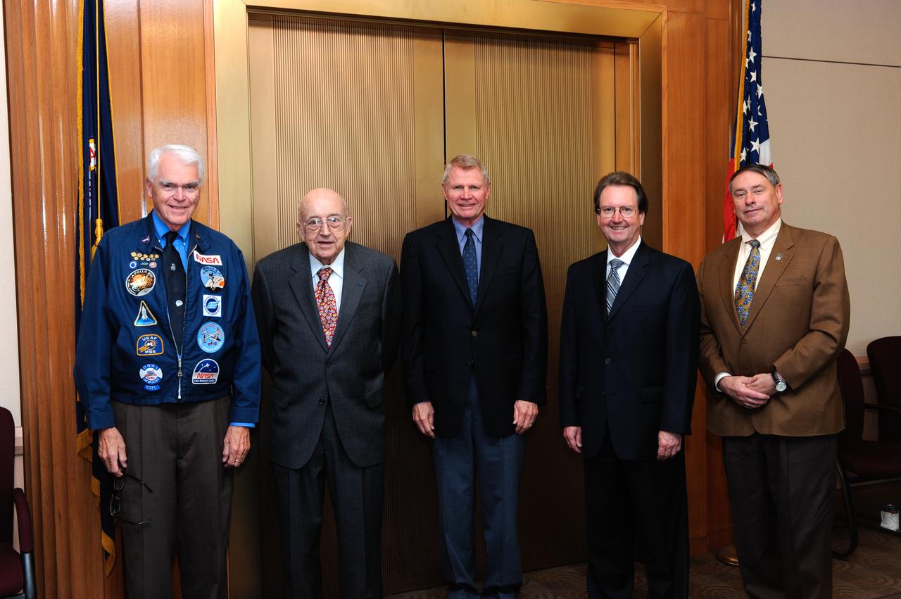 NASA's 50th Anniversay year. Panel discussion with four of NASA AMES's past center directors on how their tenure effected Ames and NASA. On the  projects they pushed for and/or pushed forward and the culture of the center and the agency and  how that worked for or against Ames, as well as major contributions of the time made by Ames Research Center.  Panel L-R; Hans Mark, Sy Syvertson, Dale Compton, Scott Hubbard and Pete Worden, present director. (Past Directors served for periods from 1969 thru 2006)  Ames Directors L-R: Hans Mark, Sy Syvertson, Dale Compton, Scott Hubbard and Pete Worden