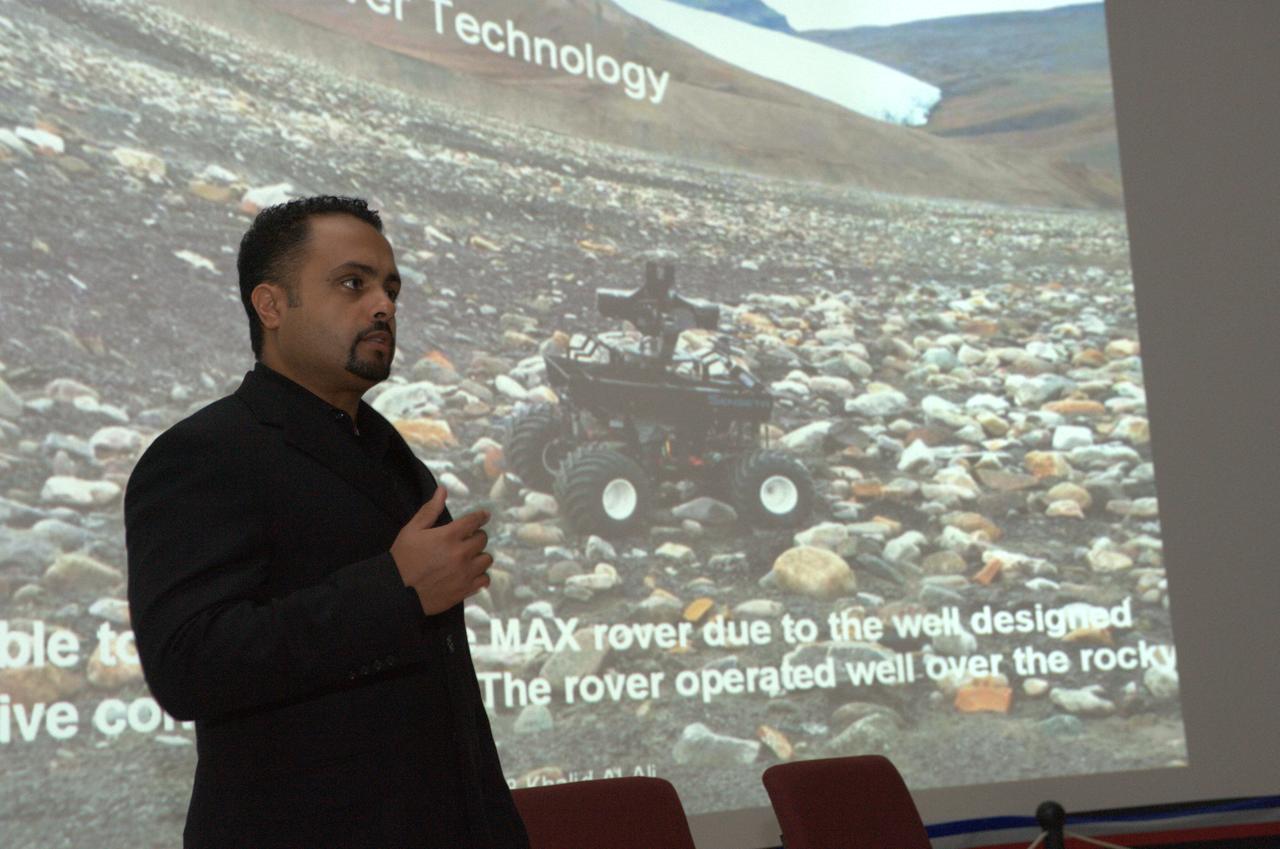 Tech Talk on Extreme Rovers: Unveiling the latest findings of Robotic Exploration of Extreme Environments shown in the Immersve Theater NASA Ames Exploration Center Bldg 943A  KbalidAl-Ali CMU - West gives presentation on 'Practical Rover Technology'