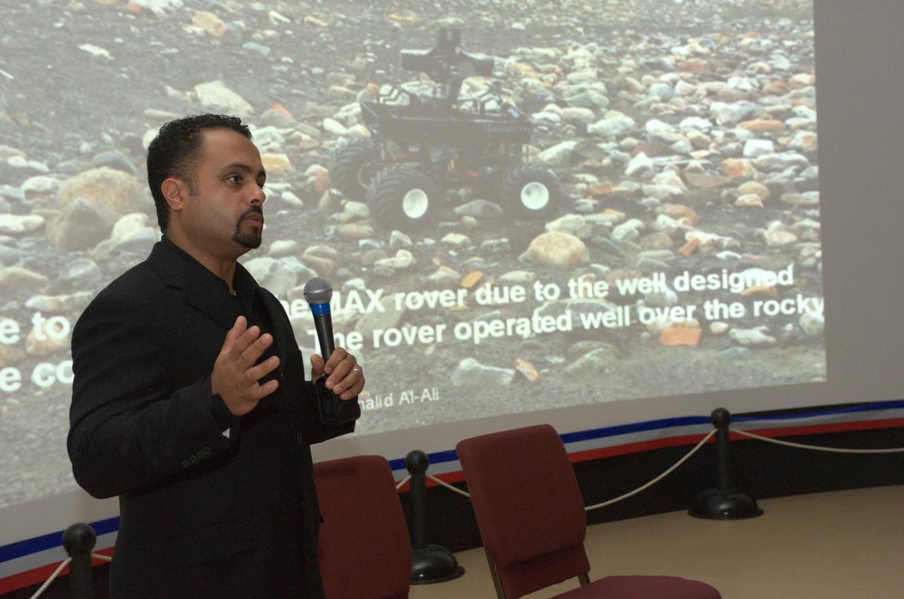 Tech Talk on Extreme Rovers: Unveiling the latest findings of Robotic Exploration of Extreme Environments shown in the Immersve Theater NASA Ames Exploration Center Bldg 943A  KbalidAl-Ali CMU - West gives presentation on 'Practical Rover Technology'