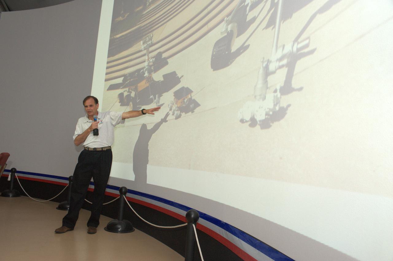 Tech Talk on Extreme Rovers: Unveiling the latest findings of Robotic Exploration of Extreme Environments shown in the Immersve Theater NASA Ames Exploration Center Bldg 943A  Michael Sims, NASA Ames gives a presentation on 'Operating Rovers on Mars'