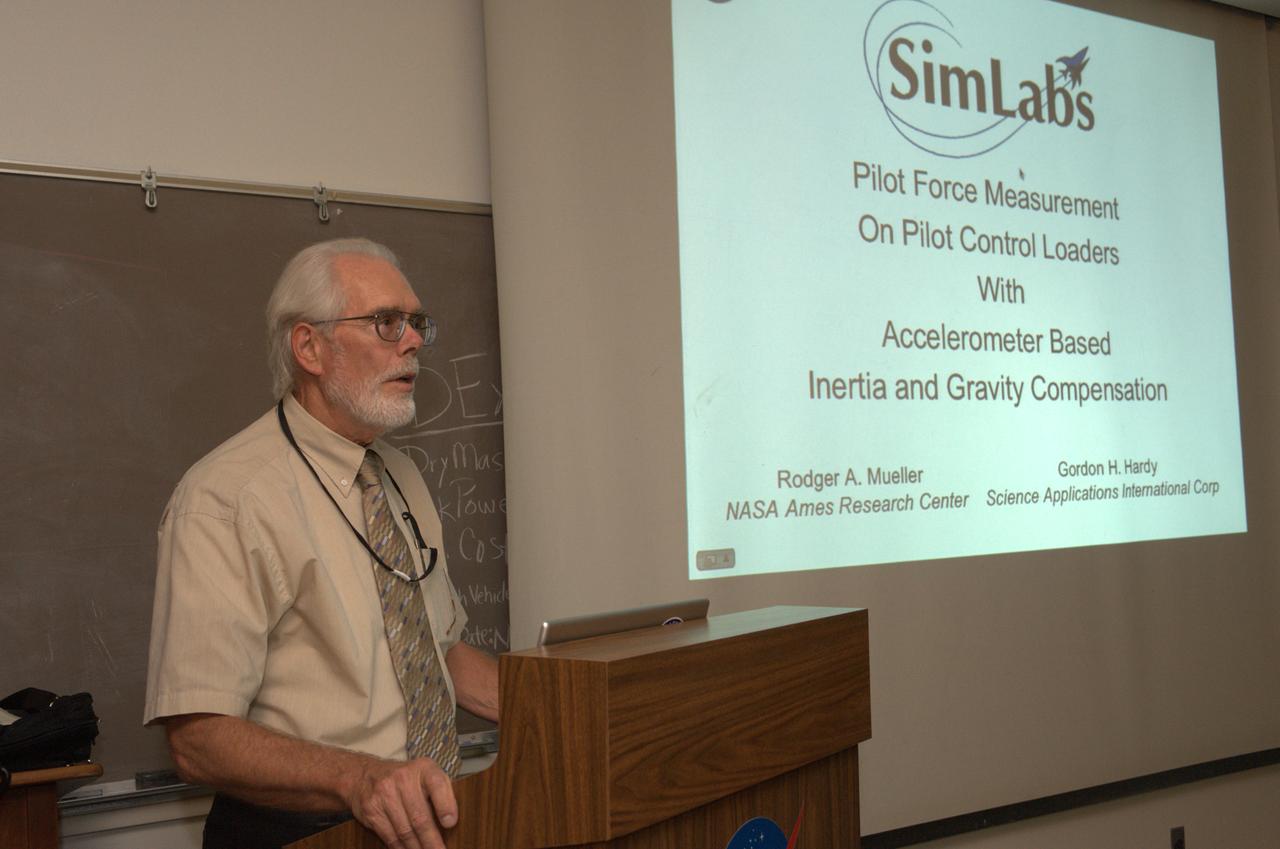 Aeronautics Technical Seminar series: Pilot Force Measurement with Inertia and Gravity Compensation by Rodger A. Mueller (offering an interesting behind-the-scenes look at some of the research that goes into creating high-fedelity, pilot-control loader simulation experiences for pilots and astronauts using the world renowned NASA Ames Vertical Motion Simulator) Series audio on file in Ames Library