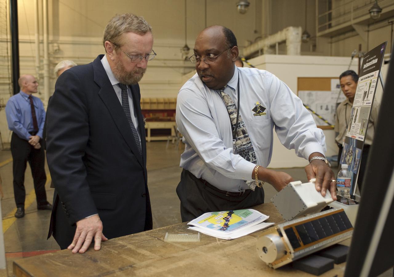 Professor John Beddington, UK (United Kingdom)  Government Chief Scientist Advisor visit to Ames on tour of the Small Satellites area Bldg 45 with John Hine of Ames Research Center