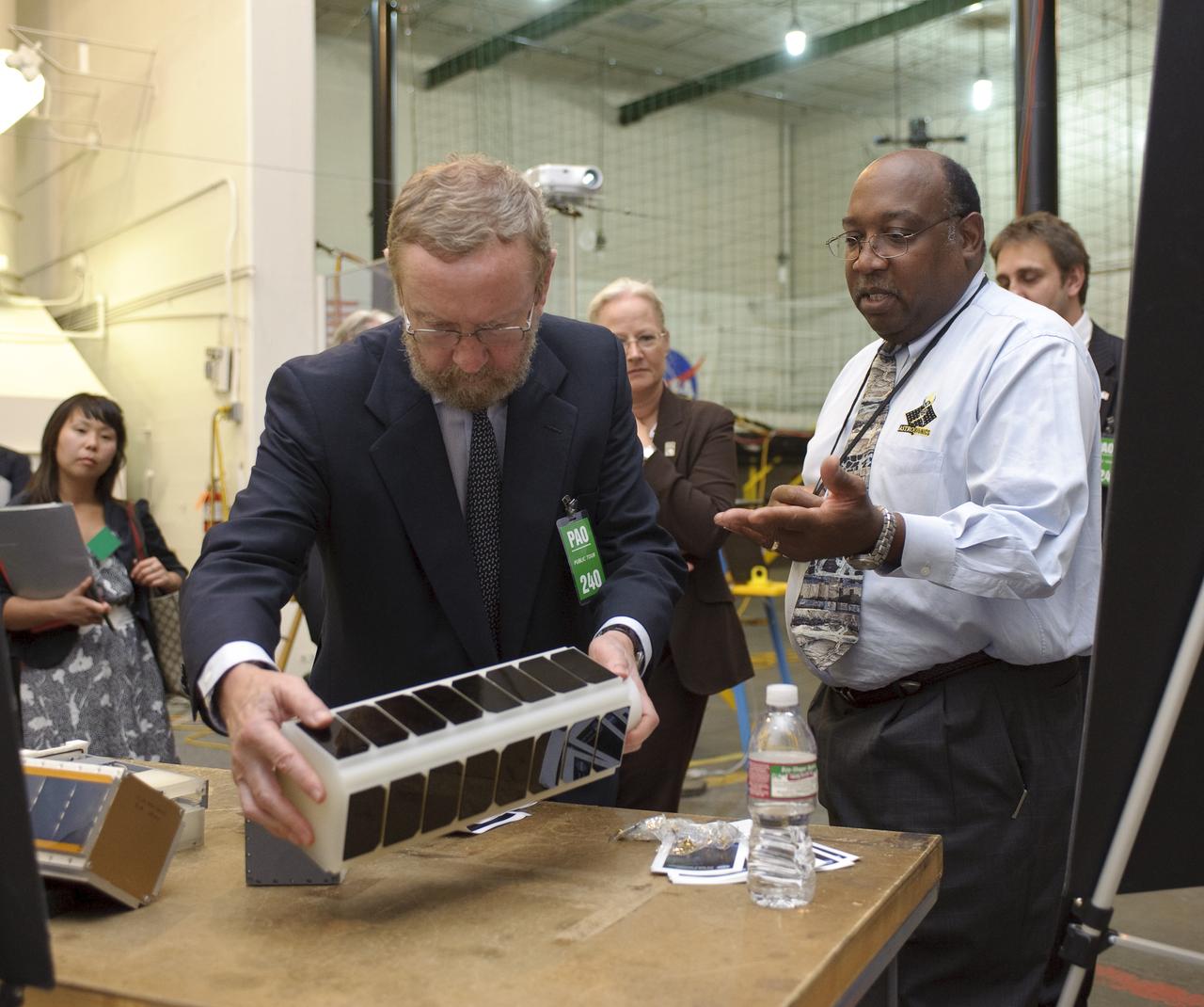 Professor John Beddington, UK (United Kingdom)  Government Chief Scientist Advisor visit to Ames on tour of the Small Satellites area Bldg 45 with John Hine of Ames Research Center
