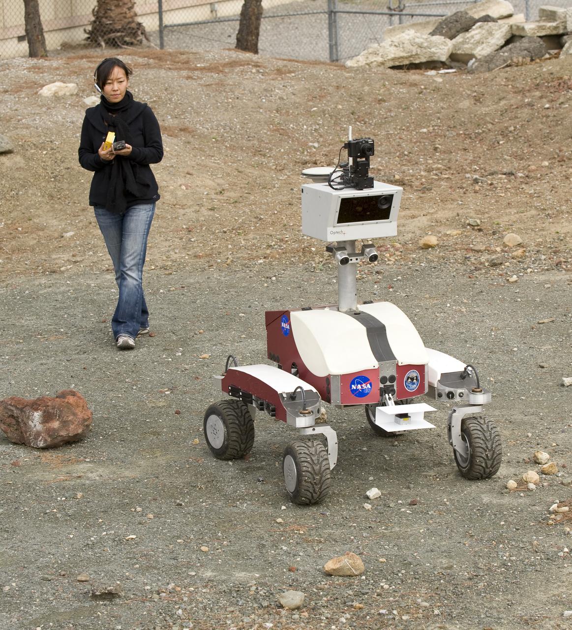 K-10 'Red' planetary rover in the Nasa Ames Marscape: operations tests at Marscape (Ames Mars Yard) with remote operations from Ames Future Flight Centeral (FFC) Simulator with Susan Y. Lee observing.