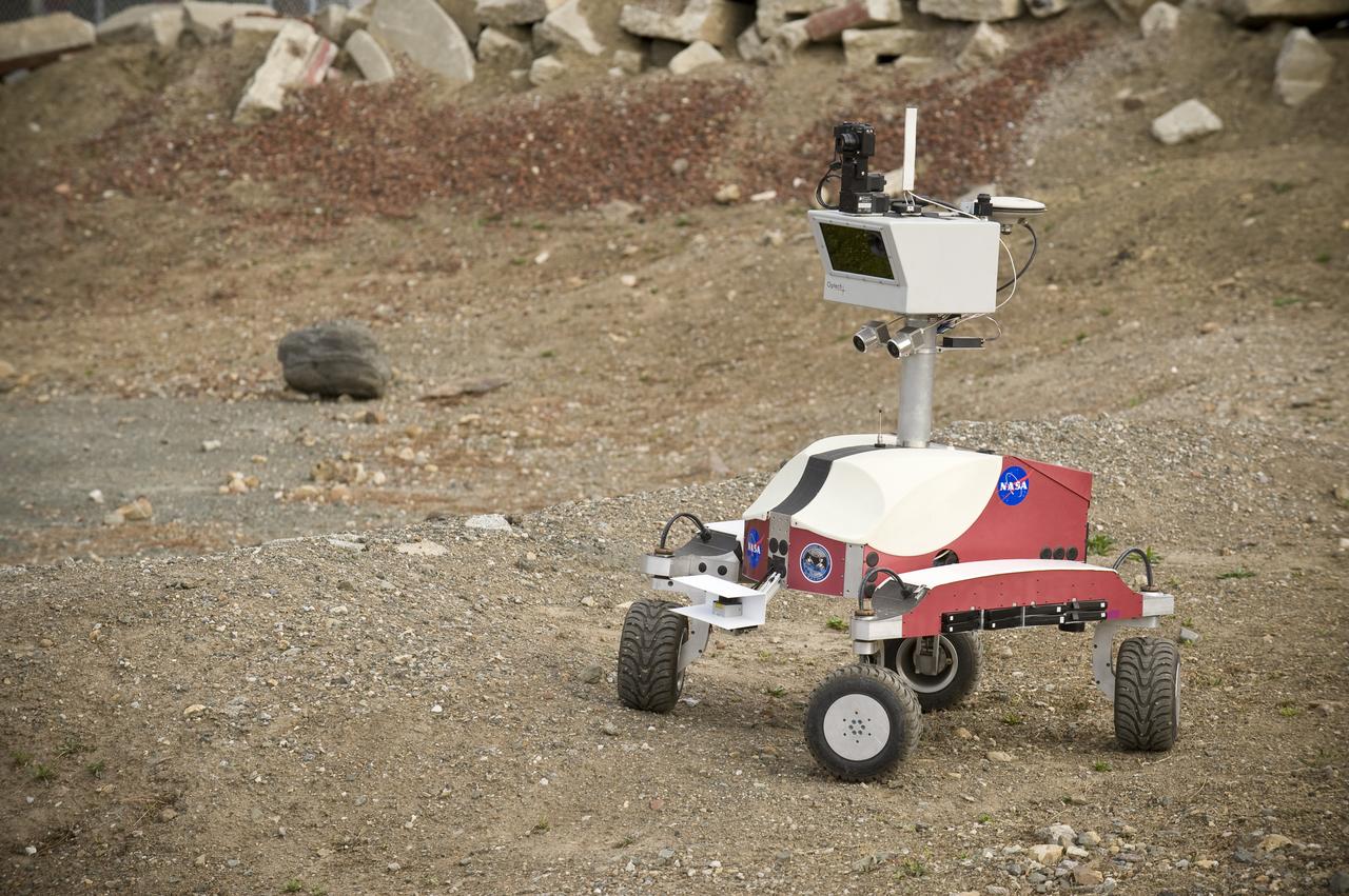 K-10 'Red' planetary rover in the Nasa Ames Marscape: operations tests at Marscape (Ames Mars Yard) with remote operations from Ames Future Flight Centeral (FFC) Simulator,.