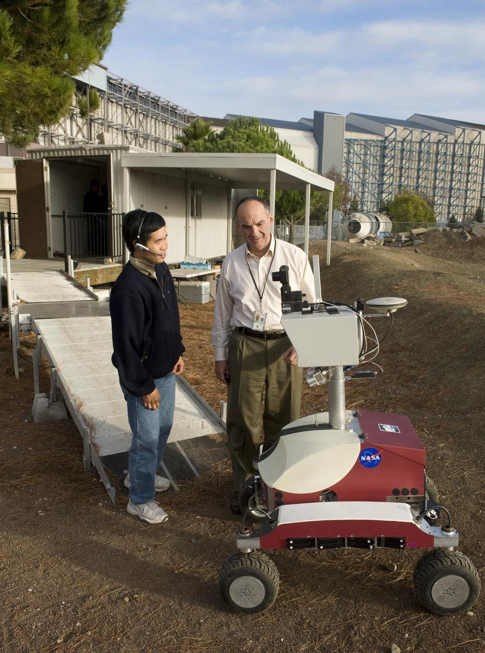 K-10 (red) robot operations tests at Marscape (Ames Mars Yard) with remote operations from Ames Future Flight Centeral (FFC) Simulator, with Terry Fong and Ken Ford.