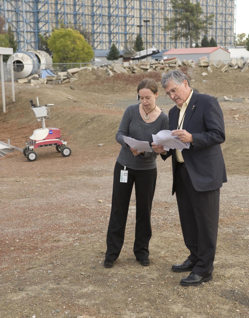 K-10 (red) robot operations tests at Marscape (Ames Mars Yard) with remote operations from Ames Future Flight Centeral (FFC) Simulator, with Melissa Rice and Harrison 'Jack' Schmitt (Apollo 17 Astronaut)