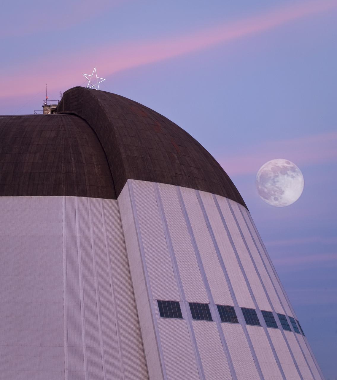 Moon over Hangar One (with holiday star lighted on roof)