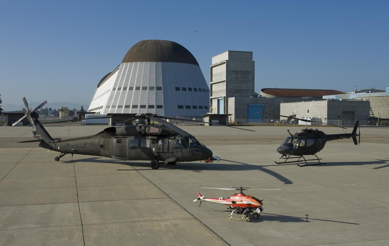 Helicopters on Ames Flgihtline: JUH-60M Rascal, OH-58 and RMAX (Remote Piloted Helicopter)