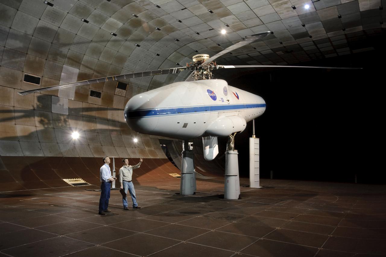 NASA Army UH-60 individual Blade Control (IBC) test-006 in the Ames 40x80Ft Subsonic Wind Tunnel (model configuration and microphone stands)  Jeff Johnson (L) and Justin McLellan (R)