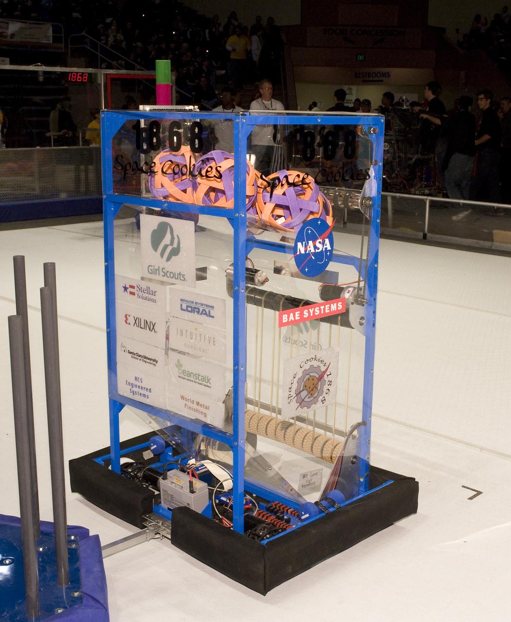 FIRST Robotics Competition  'Lunacy'  hosted by NASA at San Jose State University Event Center. For Inspiration and Recognition of Science and Technology let the games begin. Ames Space Cookies team #1868 on the floor