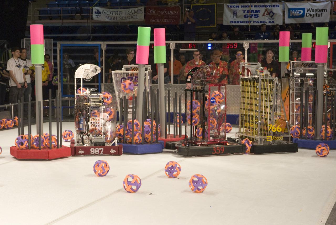 FIRST Robotics Competition  'Lunacy'  hosted by NASA at San Jose State University Event Center. For Inspiration and Recognition of Science and Technology let the games begin. Highrollers team #987, Hawaiian Kids team #359 and M-A Bears team #766