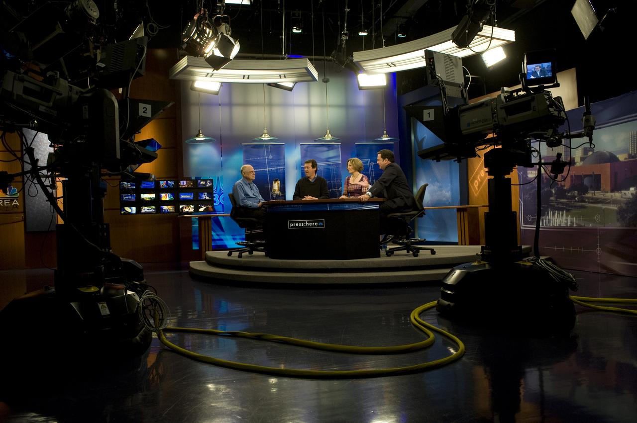Dr William 'Bill' Borucki being interview on NBC KNTV's program Press Here on the KEPLER mission by a panel of reporters. L-R: Dr Borucki, NASA Ames Research Center, Jon Swartz, USA today, Elizabeth Corcoran, Forbes Executive Editor and host Scott McGrew, NBC KNTV.