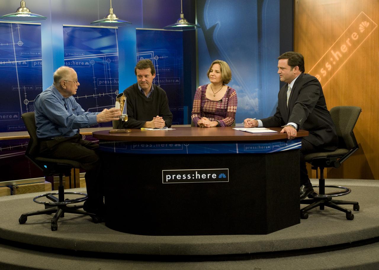 Dr William 'Bill' Borucki being interview on NBC KNTV's program Press Here on the KEPLER mission by a panel of reporters. L-R: Dr Borucki, NASA Ames Research Center, Jon Swartz, USA today, Elizabeth Corcoran, Forbes Executive Editor and host Scott McGrew, NBC KNTV.