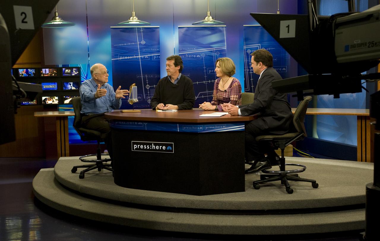 Dr William 'Bill' Borucki being interview on NBC KNTV's program Press Here on the KEPLER mission by a panel of reporters. L-R: Dr Borucki, NASA Ames Research Center, Jon Swartz, USA today, Elizabeth Corcoran, Forbes Executive Editor and host Scott McGrew, NBC KNTV.