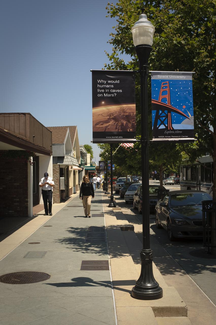 International Space University (ISU) SSP 2009 NASA ISU signage on Castro Street, Mountain View, Calif.  Questions seeking answers.