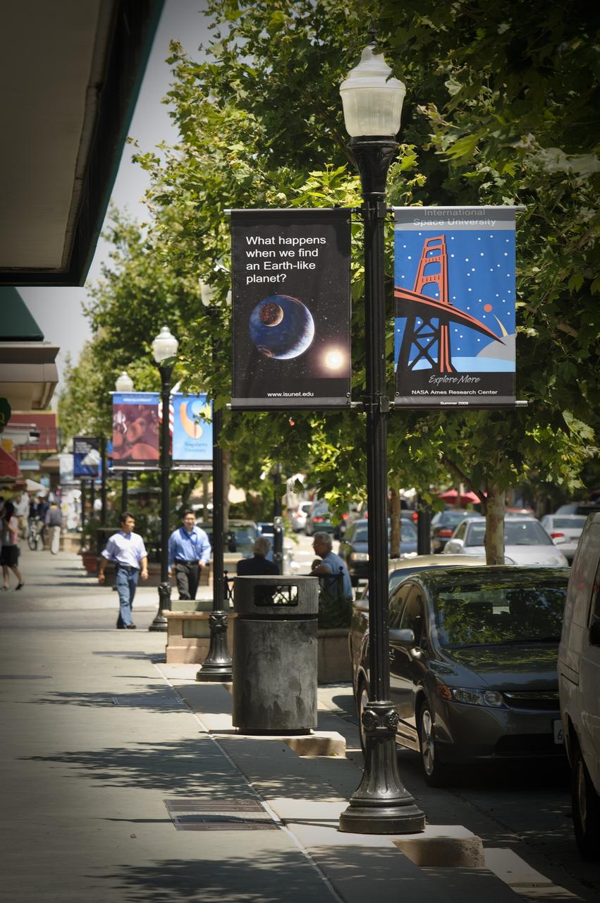 International Space University (ISU) SSP 2009 NASA ISU signage on Castro Street, Mountain View, Calif.  Questions seeking answers.