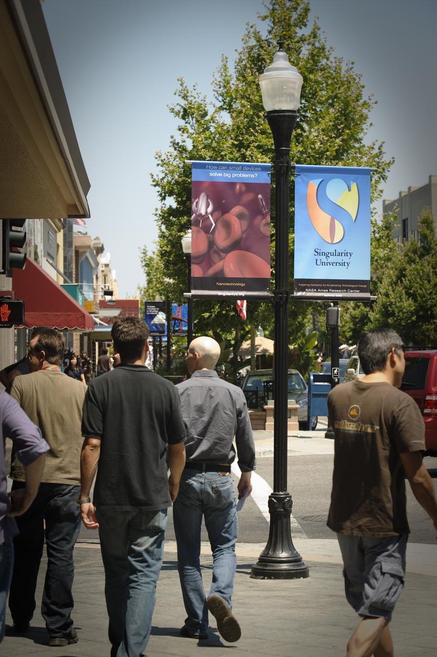 Singularity University 2009 NASA ISU signage on Castro Street, Mountain View, Calif.  Questions seeking answers.