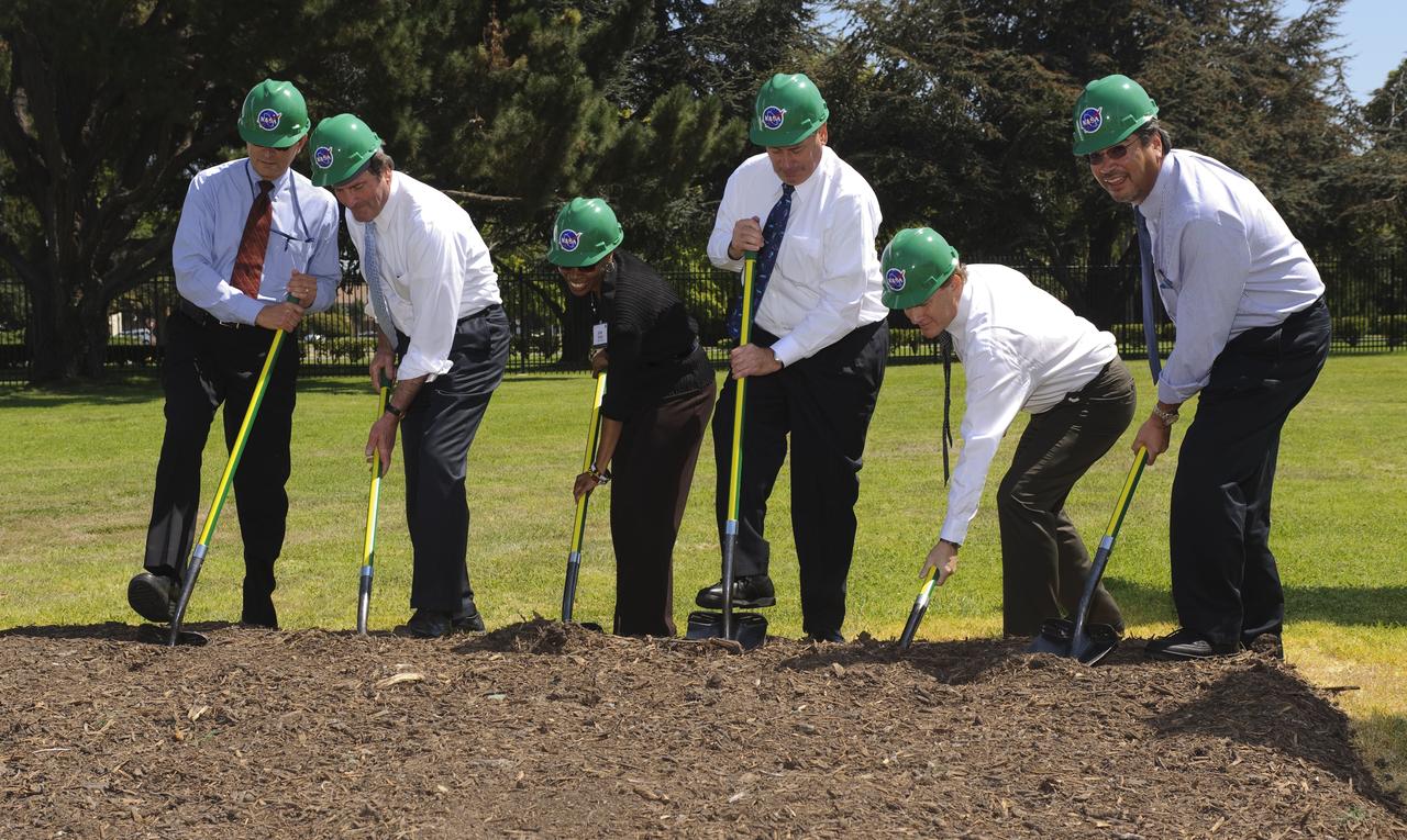 Sustainability Base Ground Breaking ceremony with Steve Zornetzer, Associate Director Ames Research Center, Lt. Governor John Garamendi of California, Jane Grant, Architect AECOM, Pete Worden, Director Ames Research Center, Kenvin Burke,  Swinerton Builders Rep. ready to turn the first shovel.
